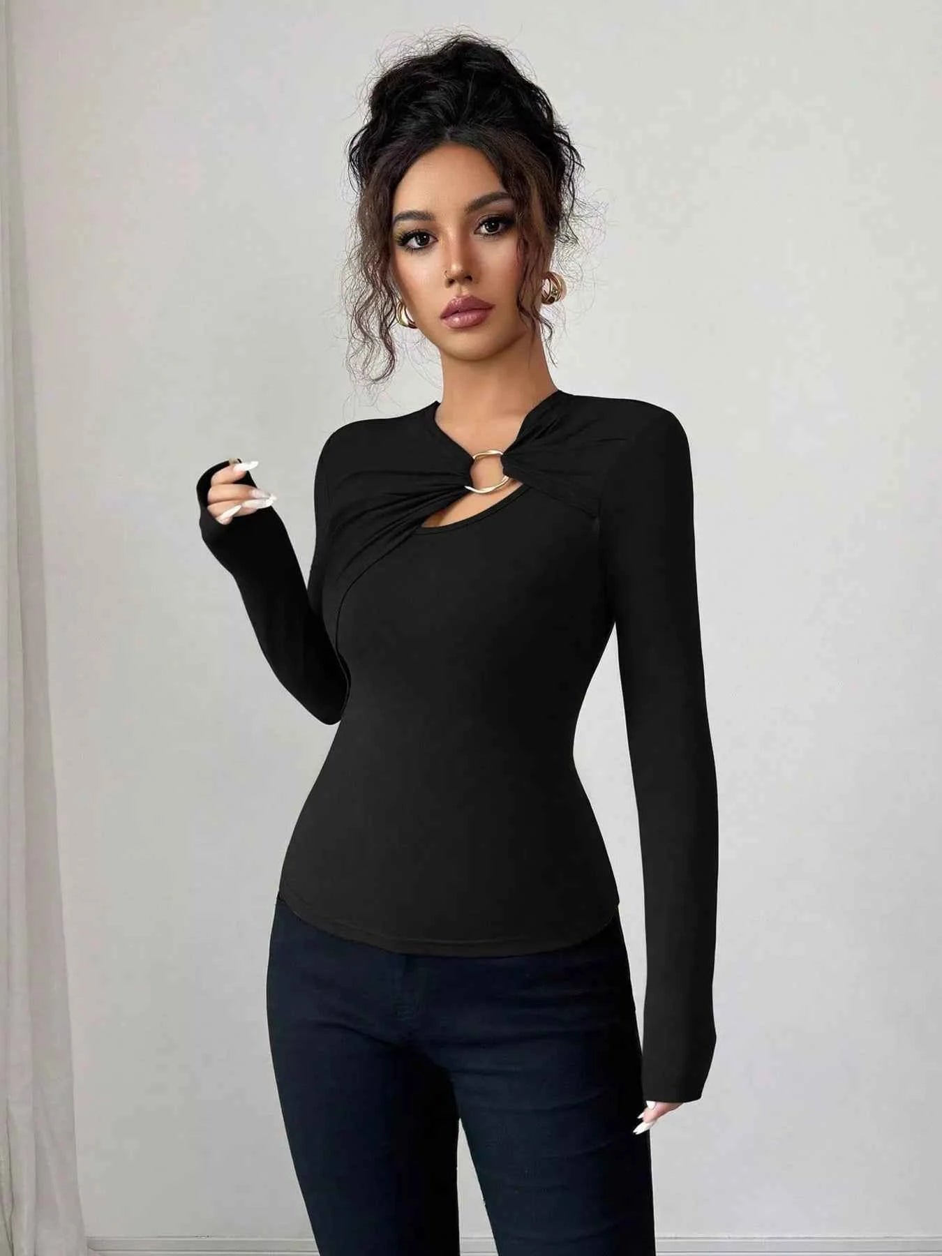 Twist Front Long Sleeve T-Shirt with Ring Detail