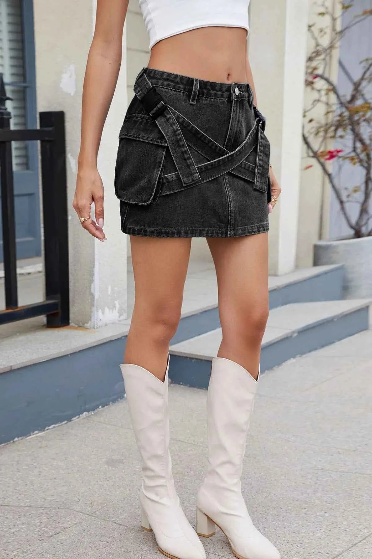 Criss-Cross Waist Detail Denim Mini Skirt
