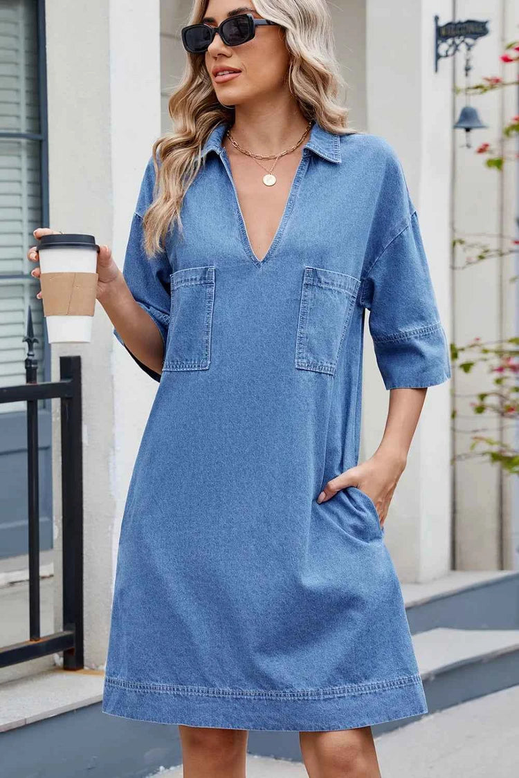 Johnny Collar Denim Dress - Half Sleeve Style for Effortless Elegance