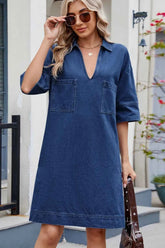 Johnny Collar Denim Dress - Half Sleeve Style for Effortless Elegance