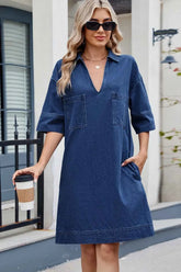 Johnny Collar Denim Dress - Half Sleeve Style for Effortless Elegance
