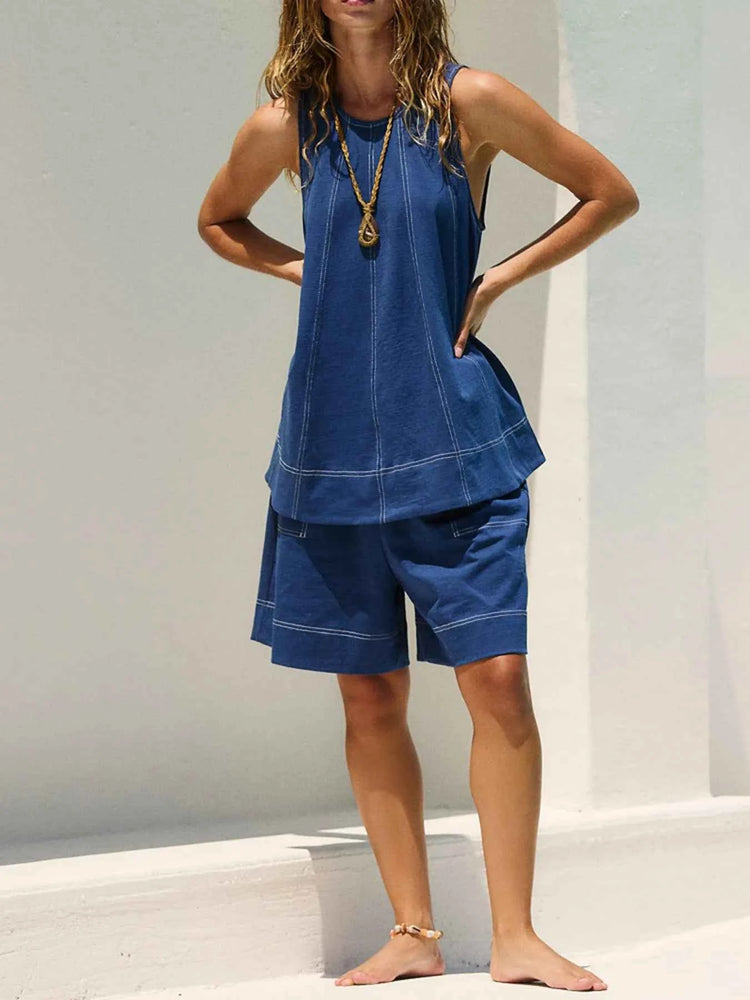 Casual Contrast Stitch Denim Tank Top and Shorts Set