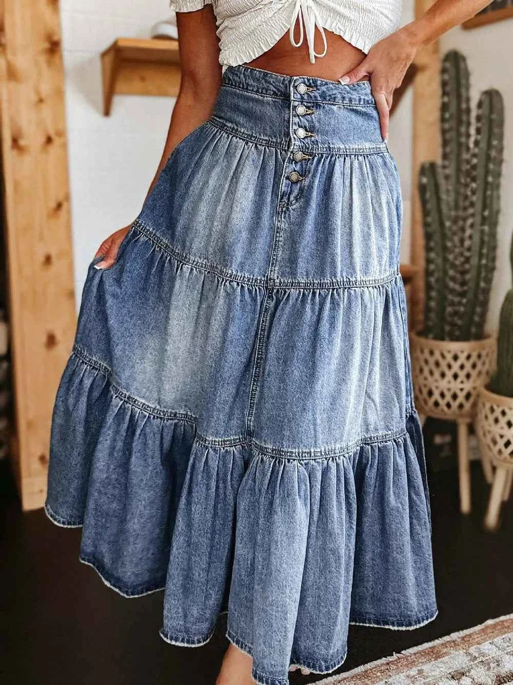 Tiered Denim Skirt with Button-Fly Design