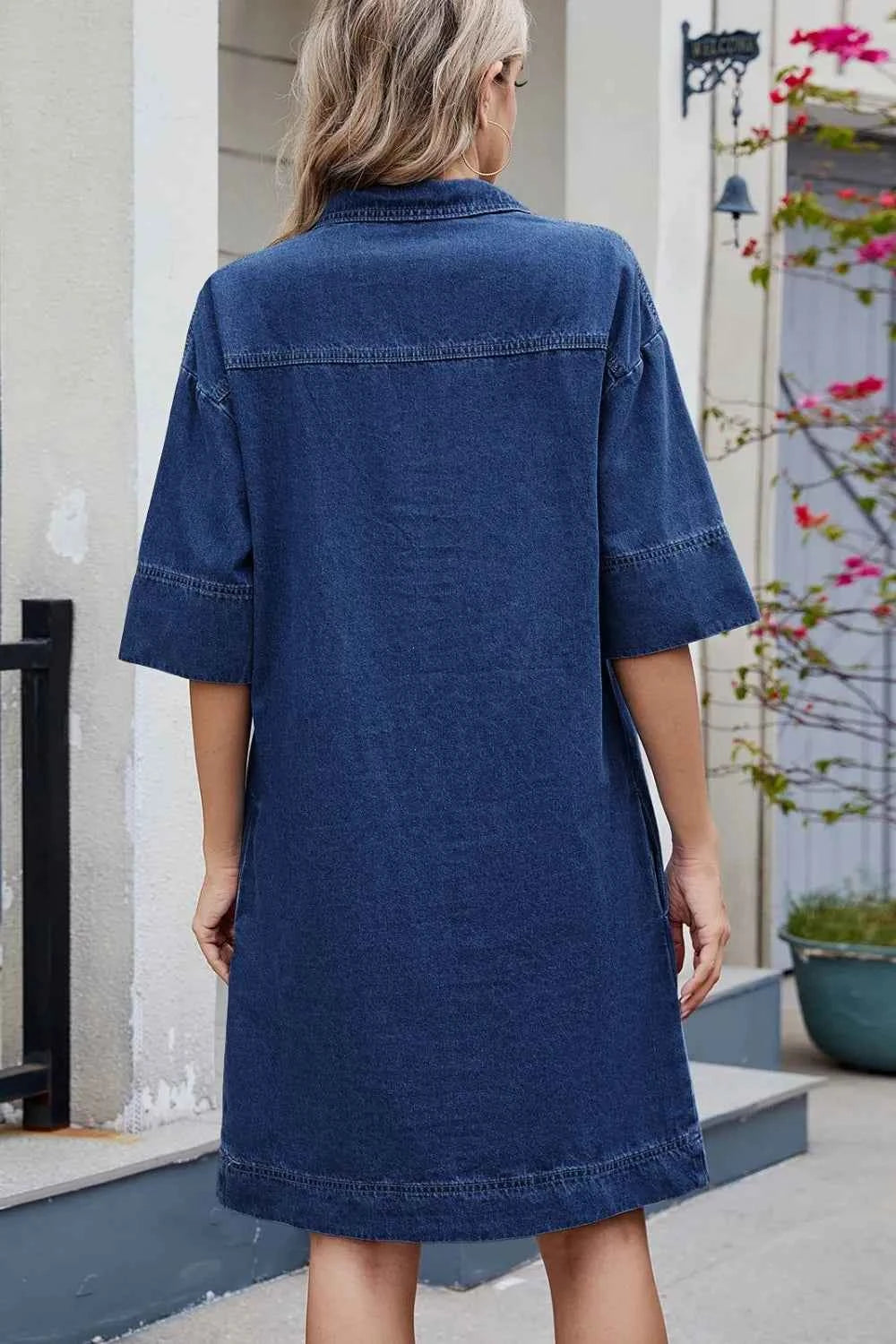 Johnny Collar Denim Dress - Half Sleeve Style for Effortless Elegance
