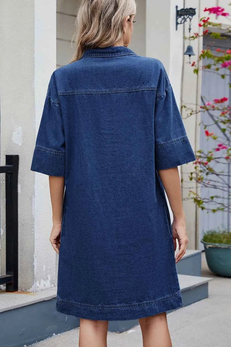 Johnny Collar Denim Dress - Half Sleeve Style for Effortless Elegance