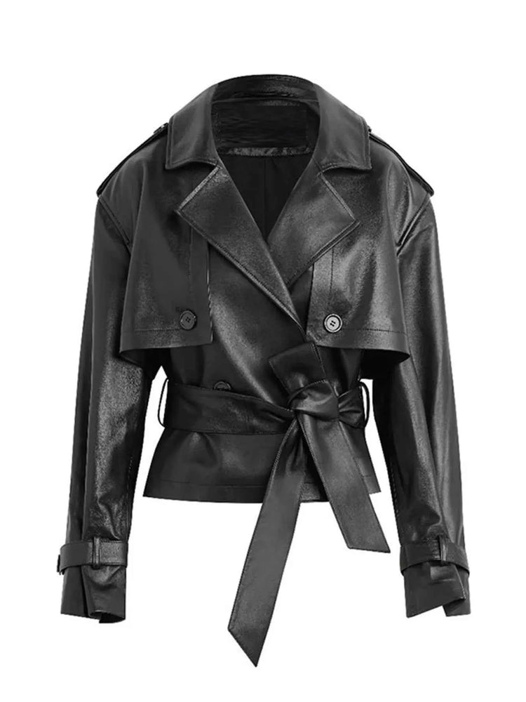 Leather Trench Coat with Belt - Stylish and Versatile Leather Belted Trench Jacket