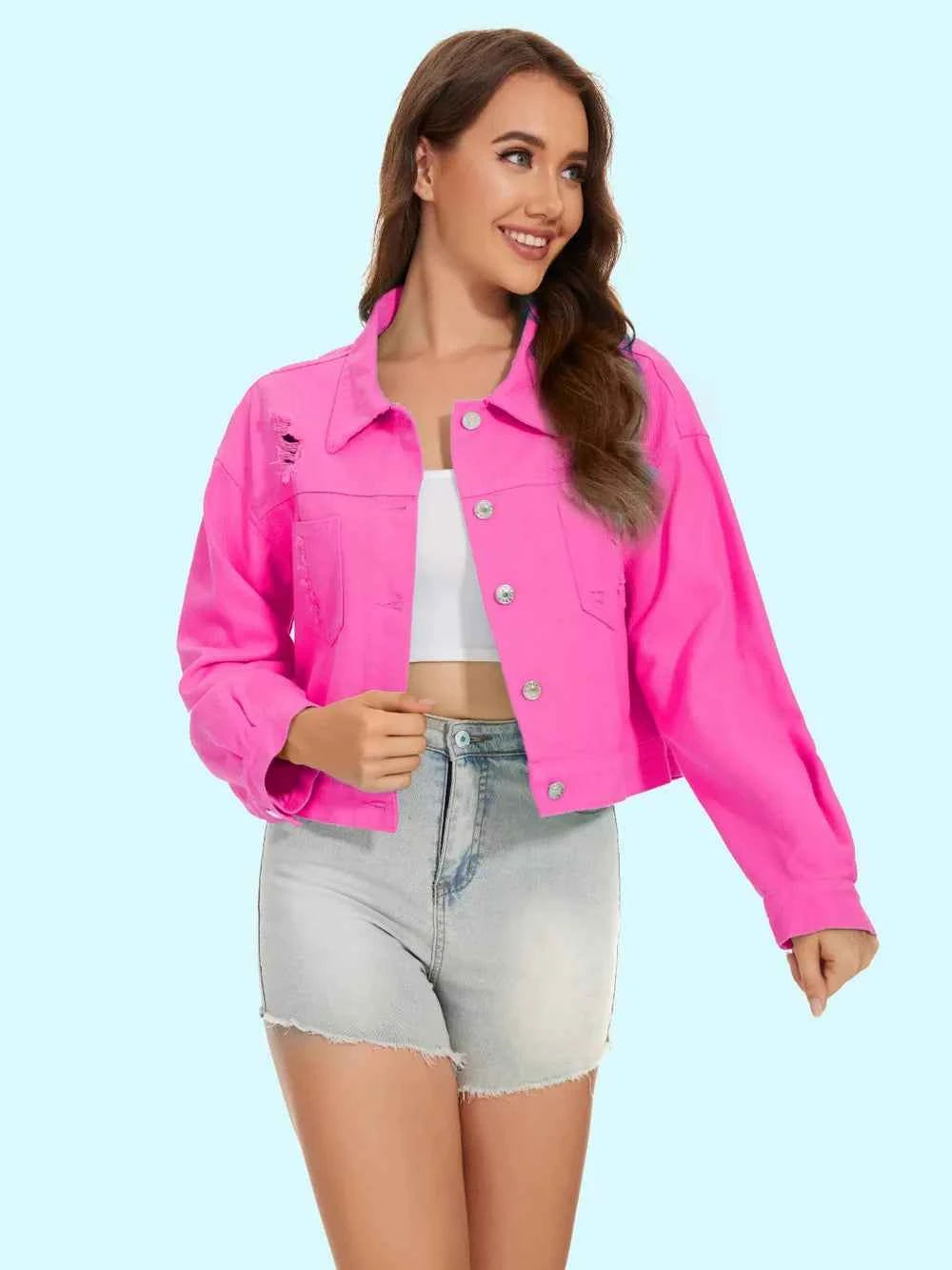 Distressed Denim Jacket with Buttons Up