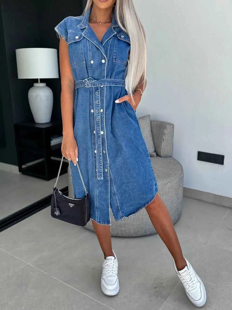 Collared Neck Cap Sleeve Denim Dress - Stylish Collared Denim Dress for Every Occasion