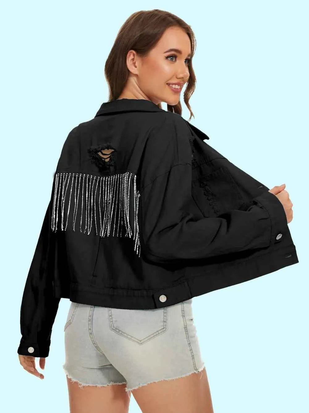 Distressed Denim Jacket with Buttons Up