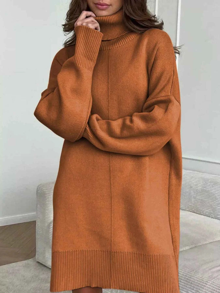 Solid Color Turtleneck Sweater Dress with Drop Shoulder Design
