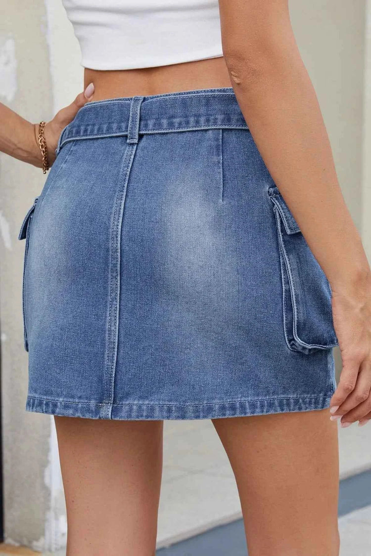 Criss-Cross Waist Detail Denim Mini Skirt