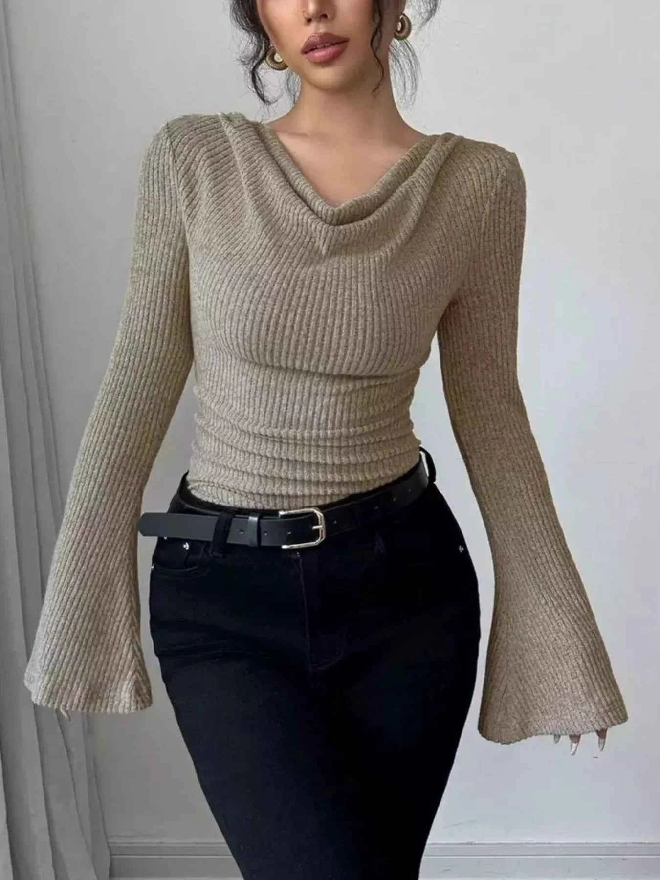 Cowl Neck Flare Sleeve Top for Trendy Comfort and Style