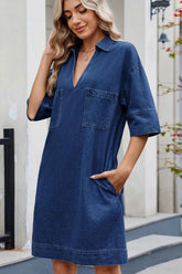 Johnny Collar Denim Dress - Half Sleeve Style for Effortless Elegance