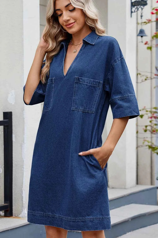 Johnny Collar Denim Dress - Half Sleeve Style for Effortless Elegance