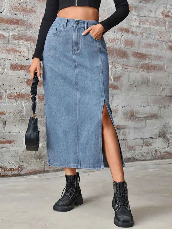 Slit High Waist Denim Skirt with Pockets - Trendy Style and Comfort