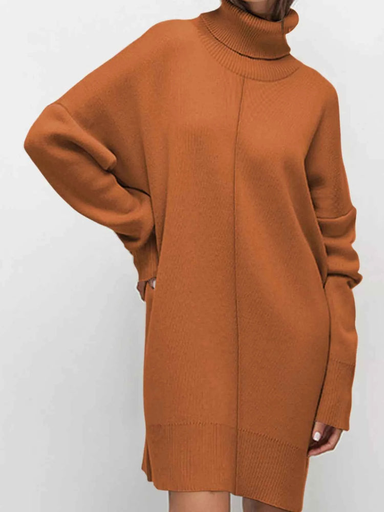 Solid Color Turtleneck Sweater Dress with Drop Shoulder Design