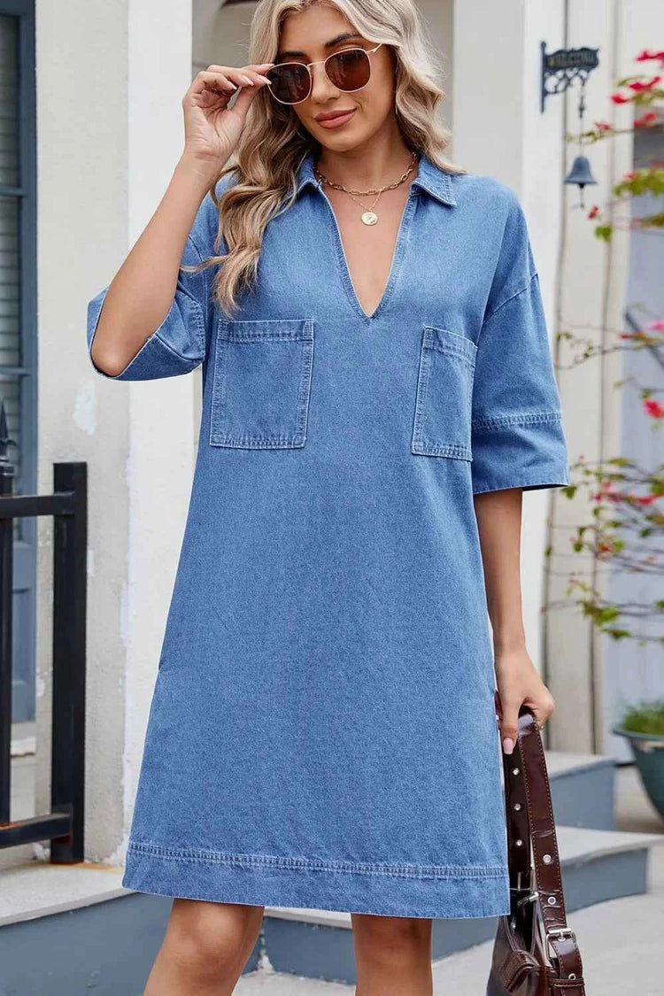 Johnny Collar Denim Dress - Half Sleeve Style for Effortless Elegance