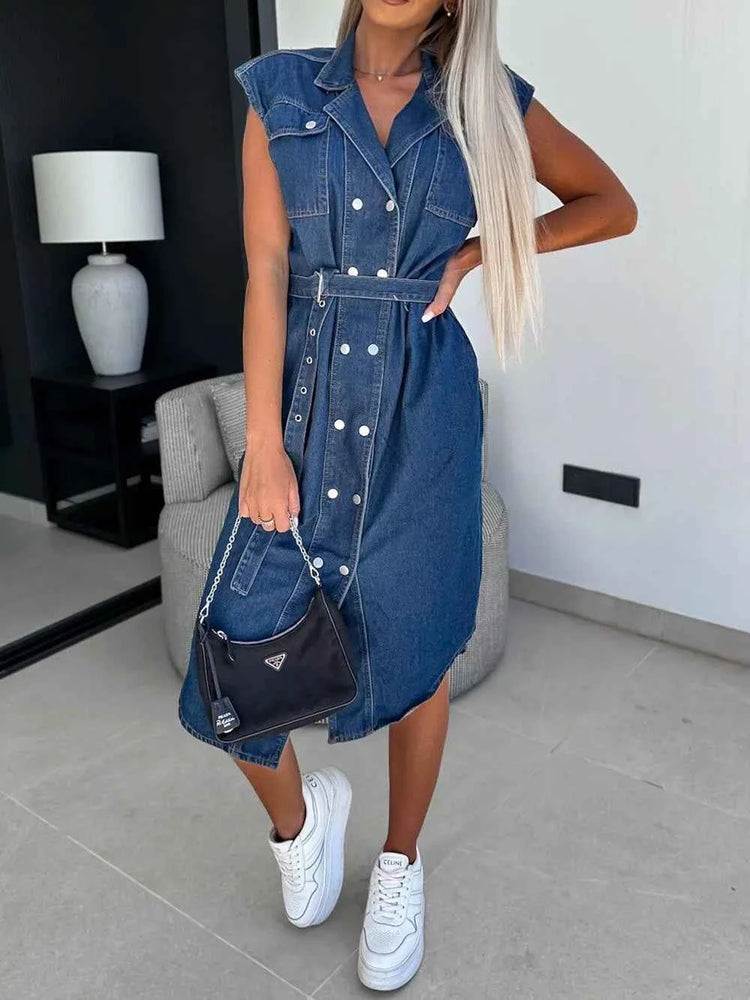Collared Neck Cap Sleeve Denim Dress - Stylish Collared Denim Dress for Every Occasion