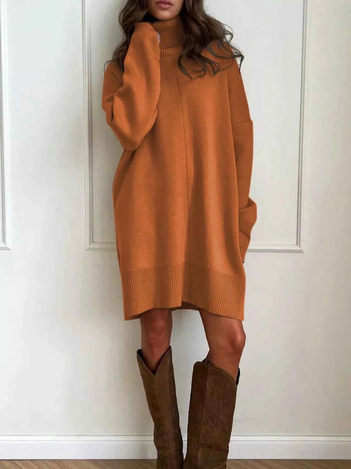 Solid Color Turtleneck Sweater Dress with Drop Shoulder Design
