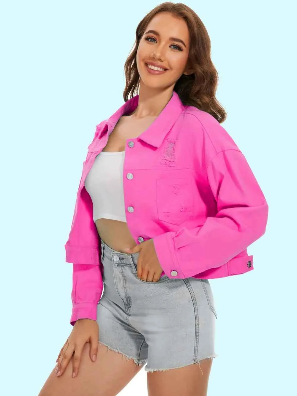 Distressed Denim Jacket with Buttons Up