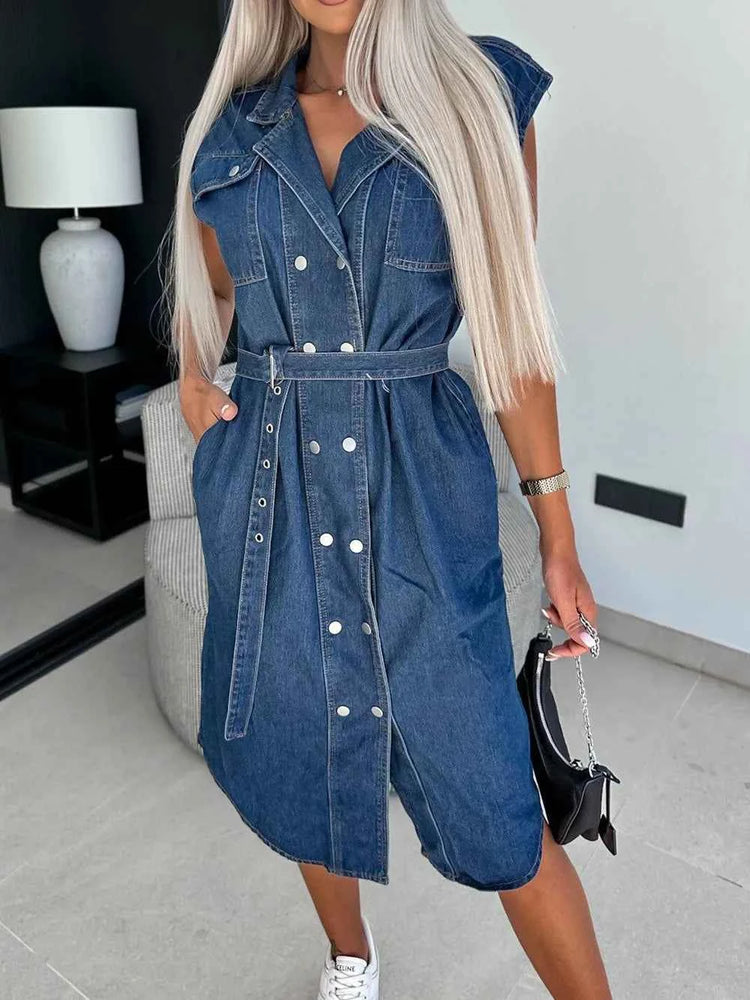 Collared Neck Cap Sleeve Denim Dress - Stylish Collared Denim Dress for Every Occasion
