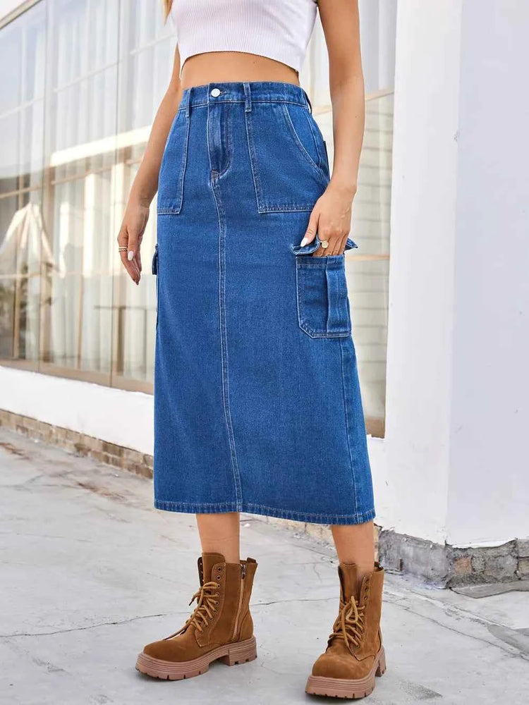 Slit Midi Denim Skirt with Pockets for Trendy Style