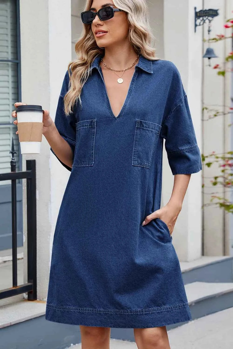 Johnny Collar Denim Dress - Half Sleeve Style for Effortless Elegance