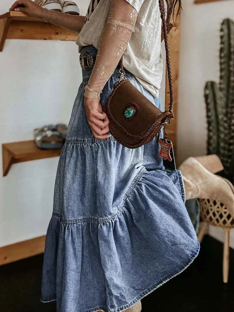 Tiered Denim Skirt with Button-Fly Design