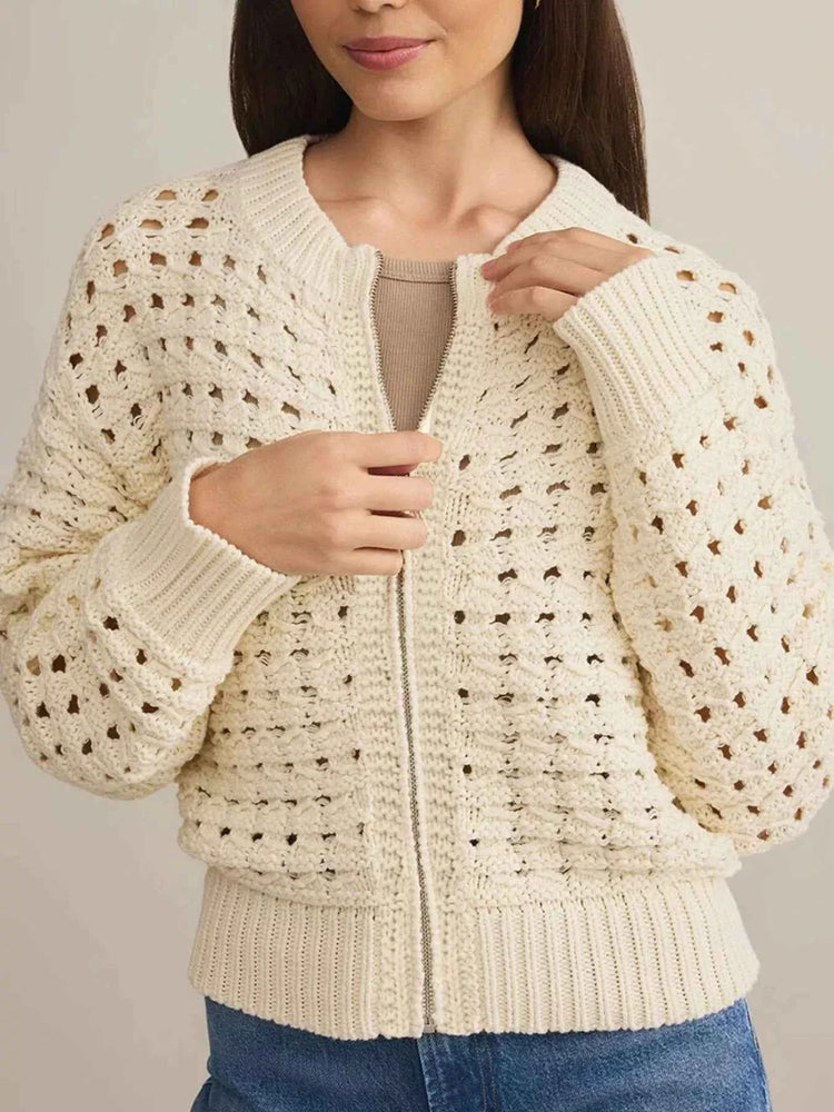 Openwork Zip-Up Cardigan for Stylish Comfort and Versatility