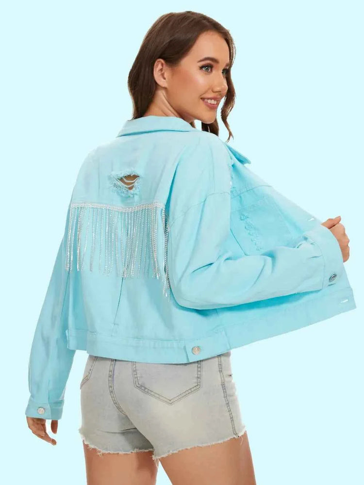 Distressed Denim Jacket with Buttons Up