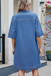 Johnny Collar Denim Dress - Half Sleeve Style for Effortless Elegance