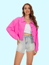 Distressed Denim Jacket with Buttons Up