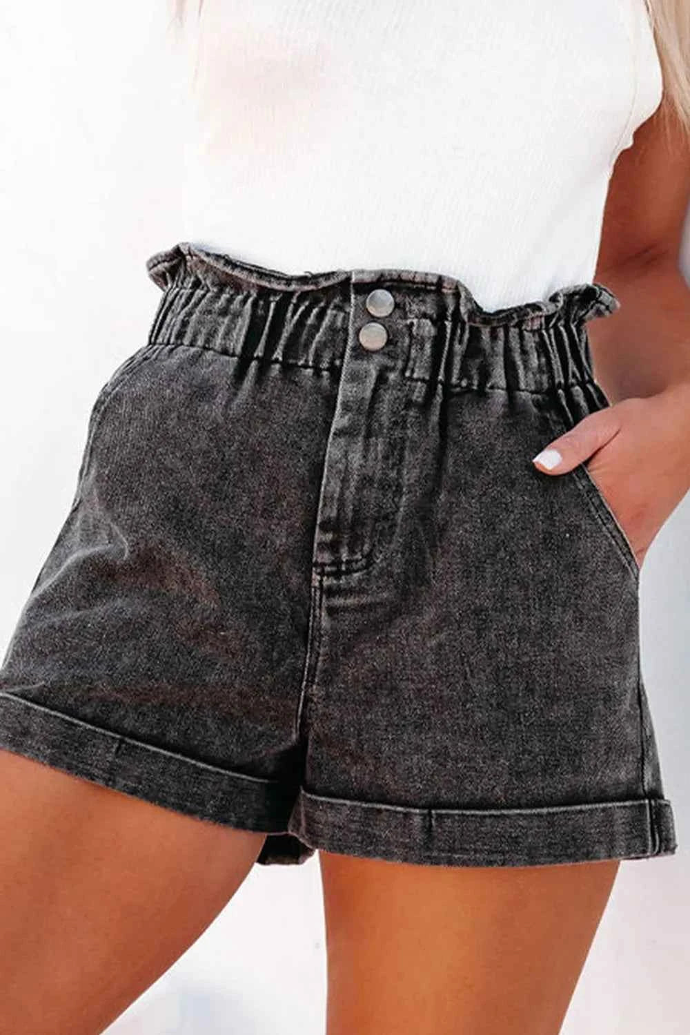Paperbag Waist Denim Shorts with Pockets for Effortless Style and Comfort