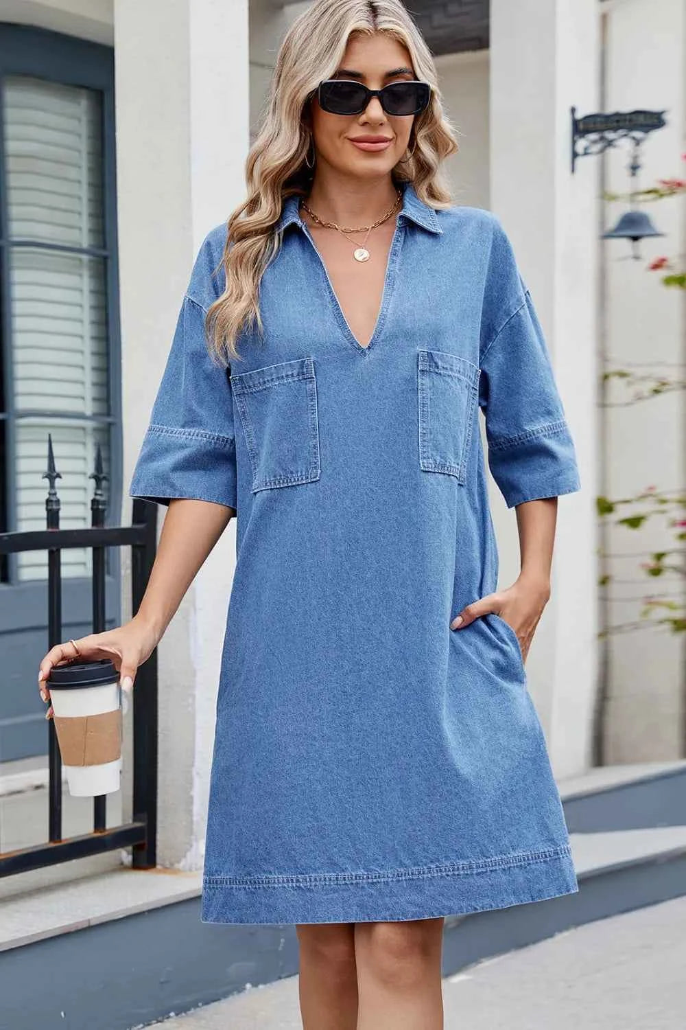 Johnny Collar Denim Dress - Half Sleeve Style for Effortless Elegance