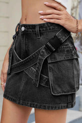 Criss-Cross Waist Detail Denim Mini Skirt