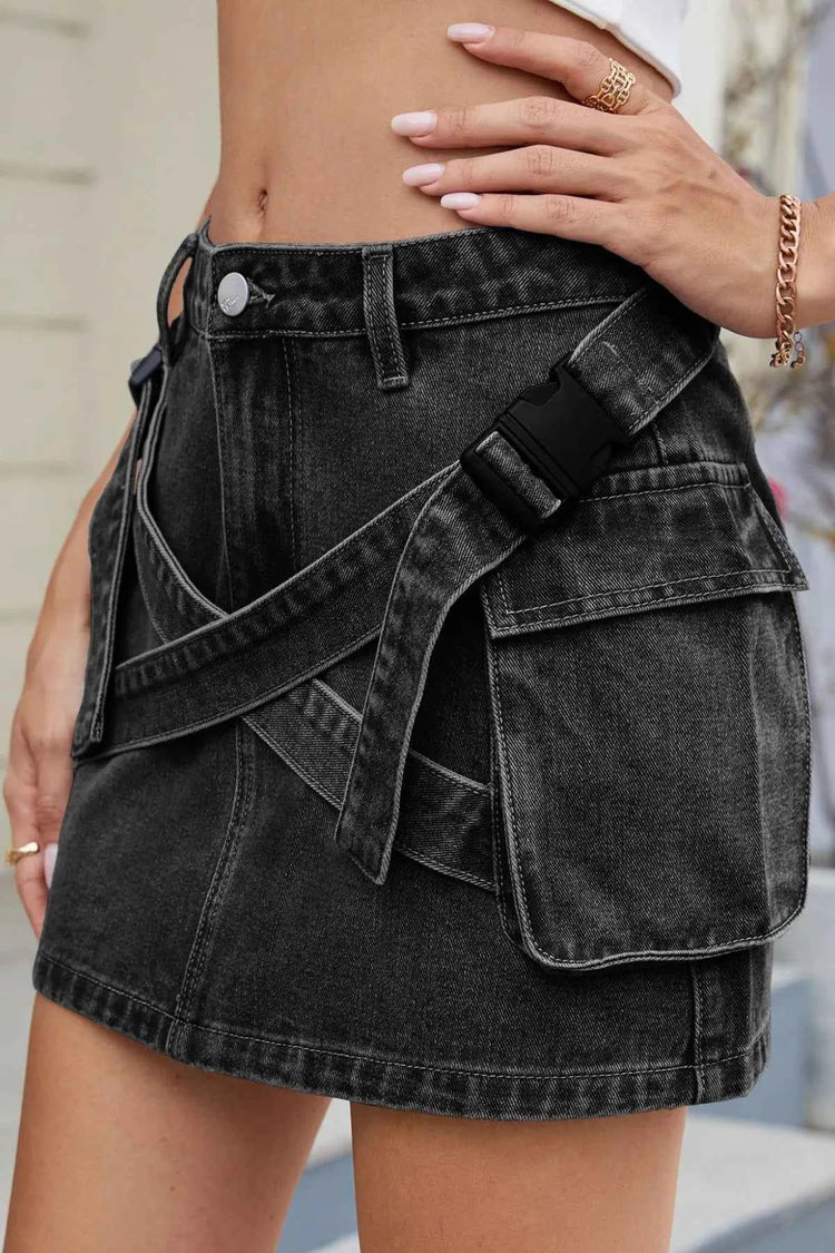 Criss-Cross Waist Detail Denim Mini Skirt
