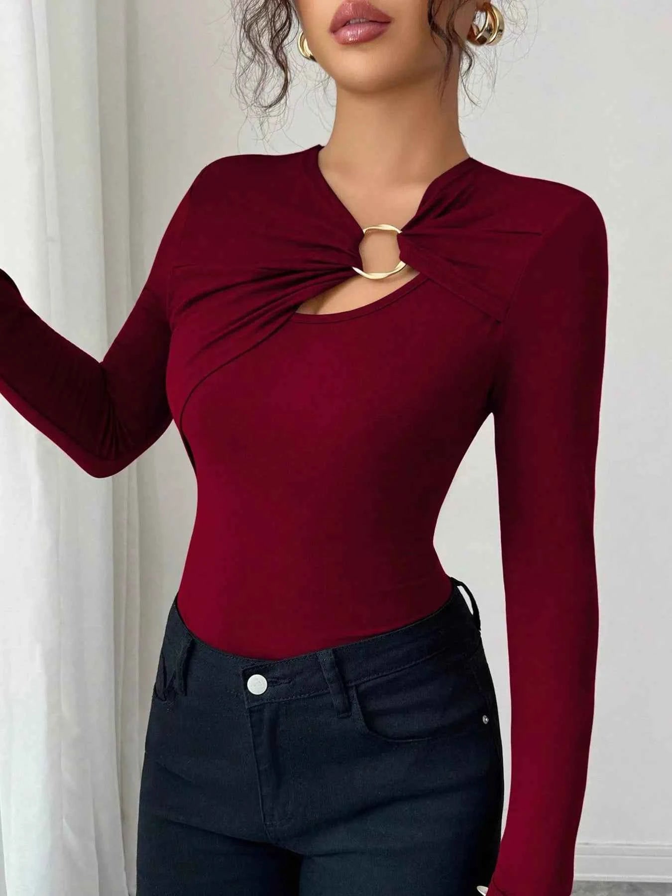 Twist Front Long Sleeve T-Shirt with Ring Detail