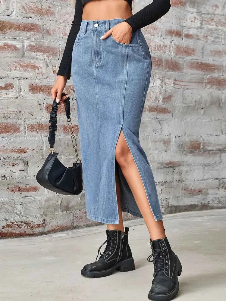 Slit High Waist Denim Skirt with Pockets - Trendy Style and Comfort