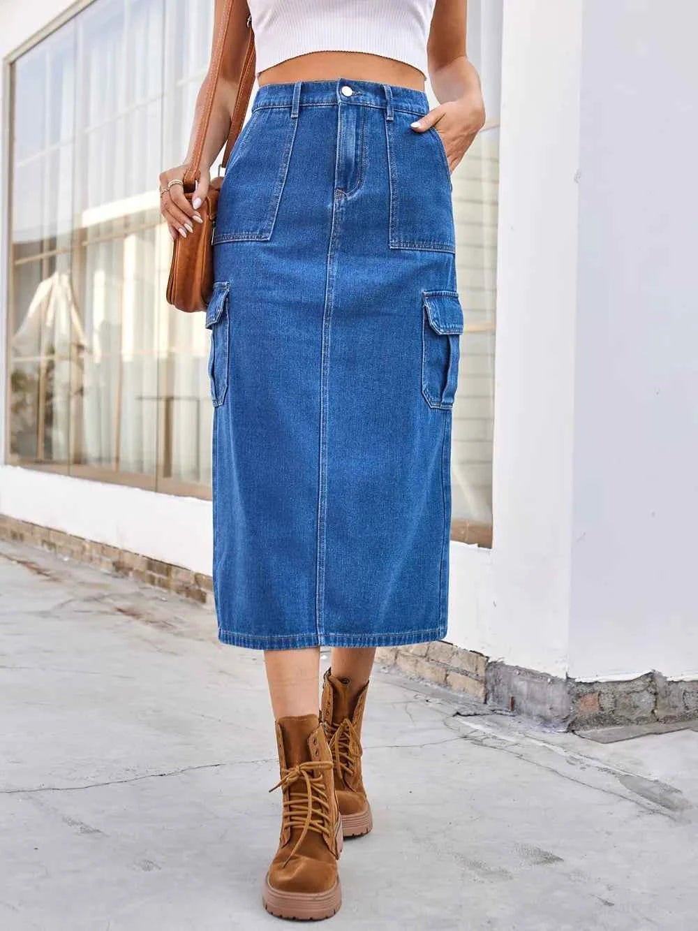 Slit Midi Denim Skirt with Pockets for Trendy Style