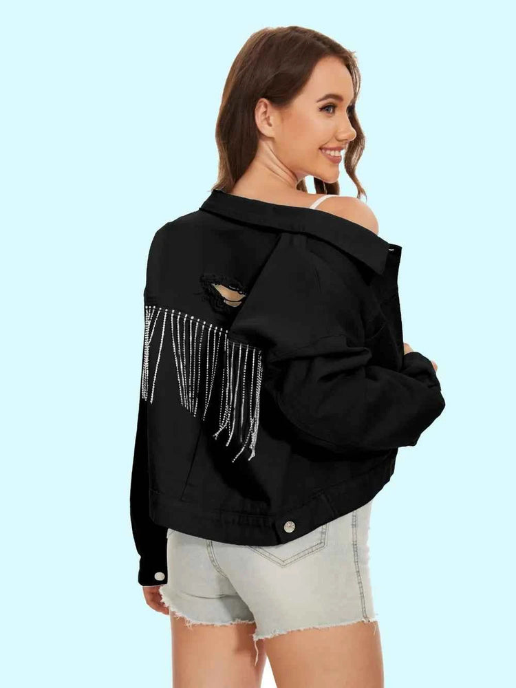 Distressed Denim Jacket with Buttons Up