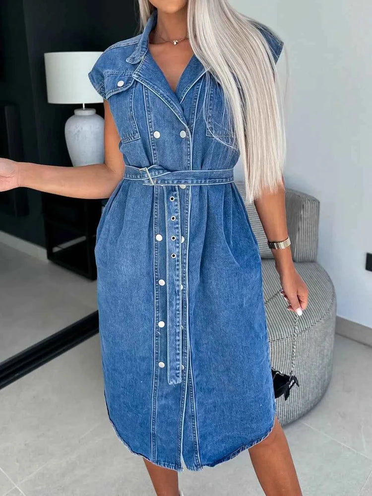 Collared Neck Cap Sleeve Denim Dress - Stylish Collared Denim Dress for Every Occasion