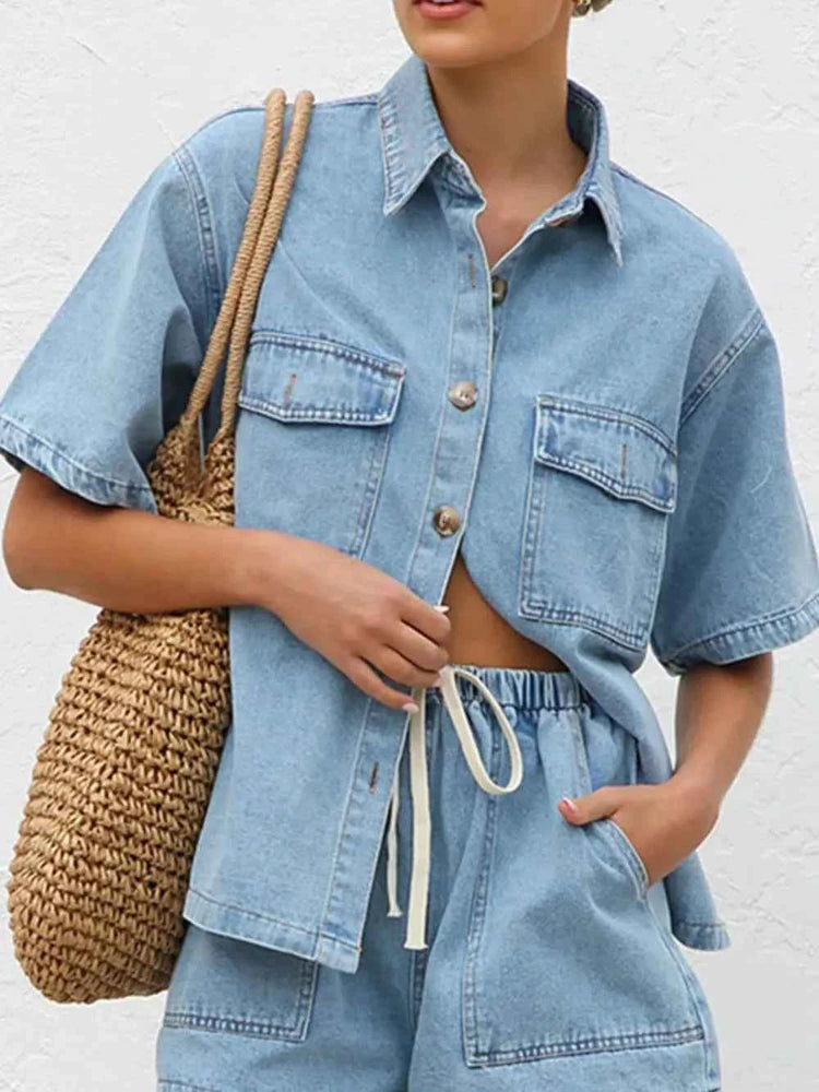 Button Up Half Sleeve Denim Shirt