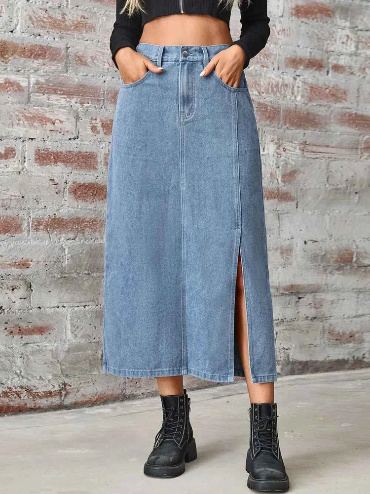 Slit High Waist Denim Skirt with Pockets - Trendy Style and Comfort