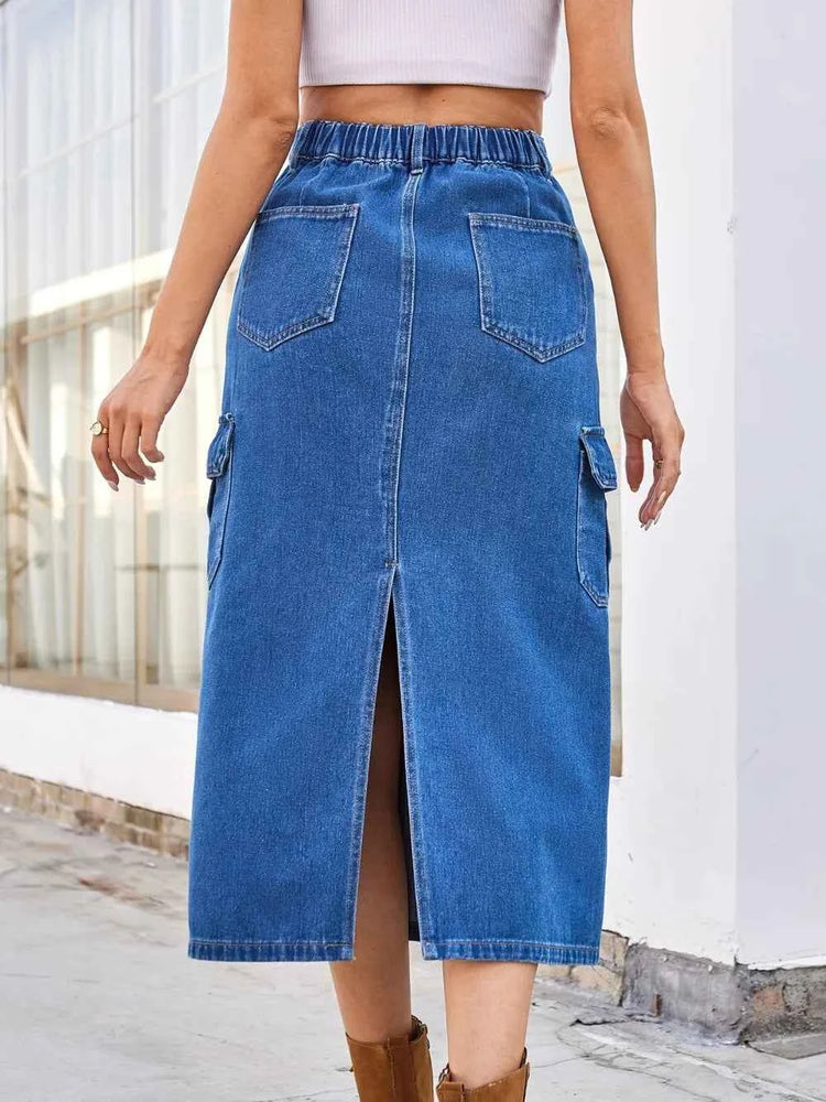 Slit Midi Denim Skirt with Pockets for Trendy Style