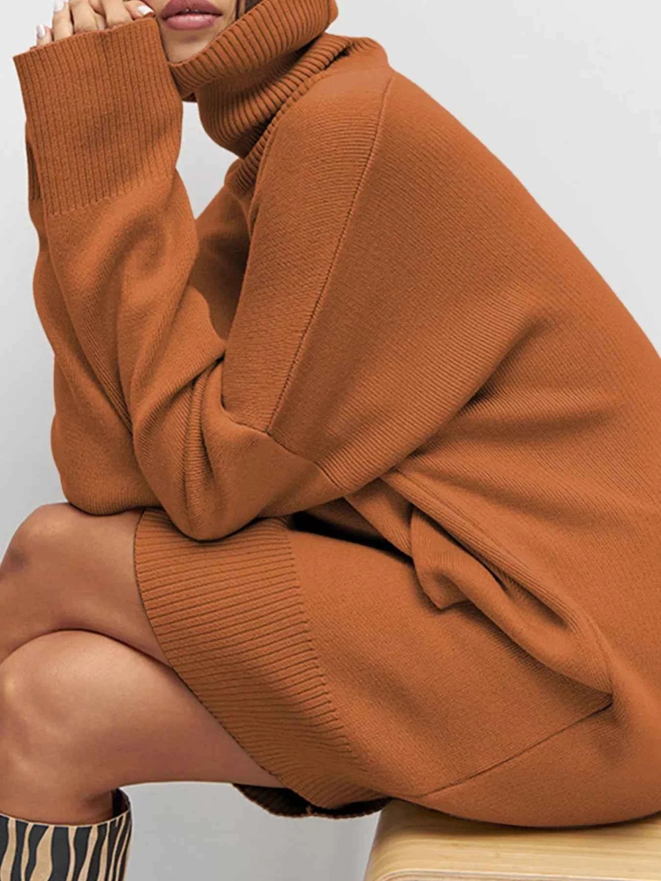 Solid Color Turtleneck Sweater Dress with Drop Shoulder Design