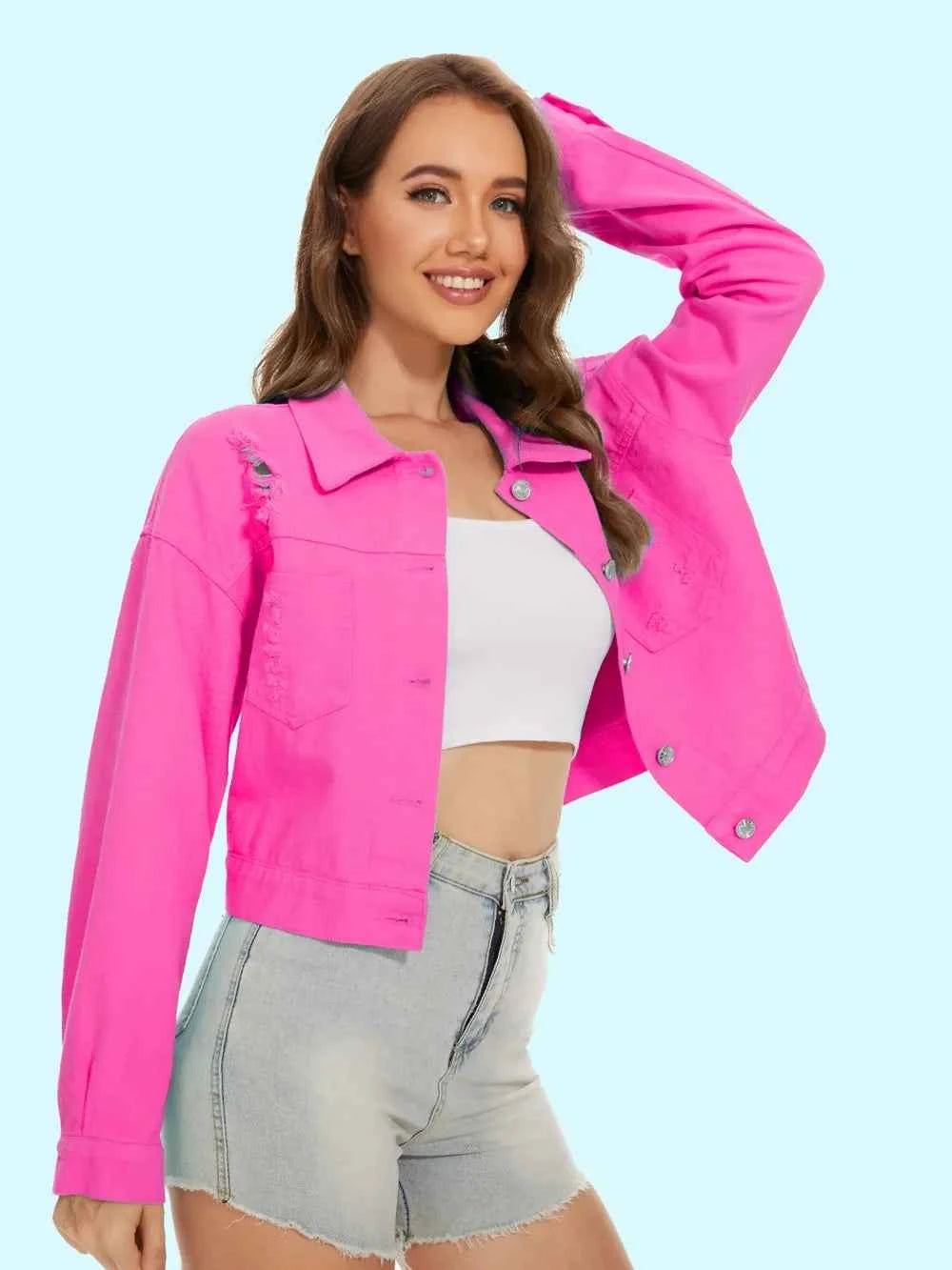 Distressed Denim Jacket with Buttons Up