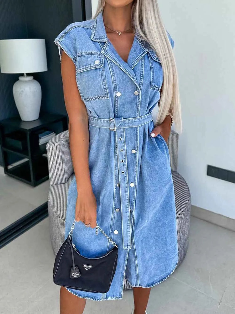 Collared Neck Cap Sleeve Denim Dress - Stylish Collared Denim Dress for Every Occasion