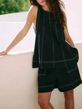 Casual Contrast Stitch Denim Tank Top and Shorts Set