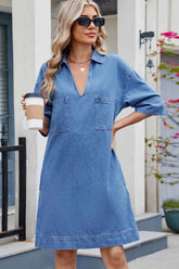 Johnny Collar Denim Dress - Half Sleeve Style for Effortless Elegance