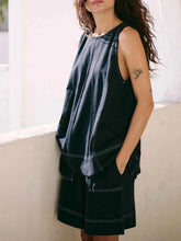 Casual Contrast Stitch Denim Tank Top and Shorts Set